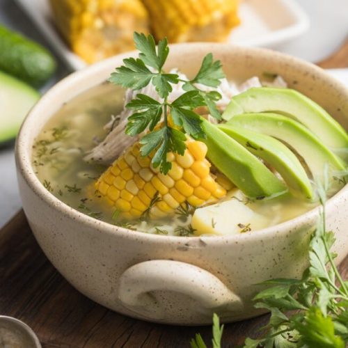 Traditional Ajiaco Colombiano - Colombian Soup with potato, chic